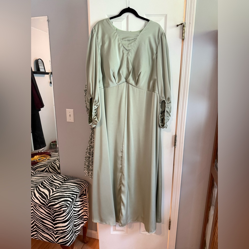 Embellished Green Long Sleeve Gown with V-Neck
